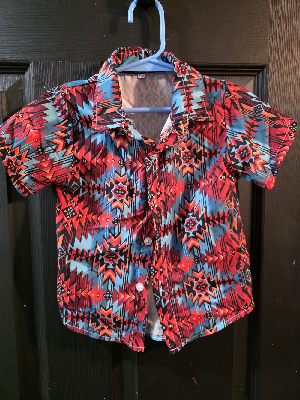 Kids Short Sleeve Button-Up Shirt - Red & Blue Geometric Print